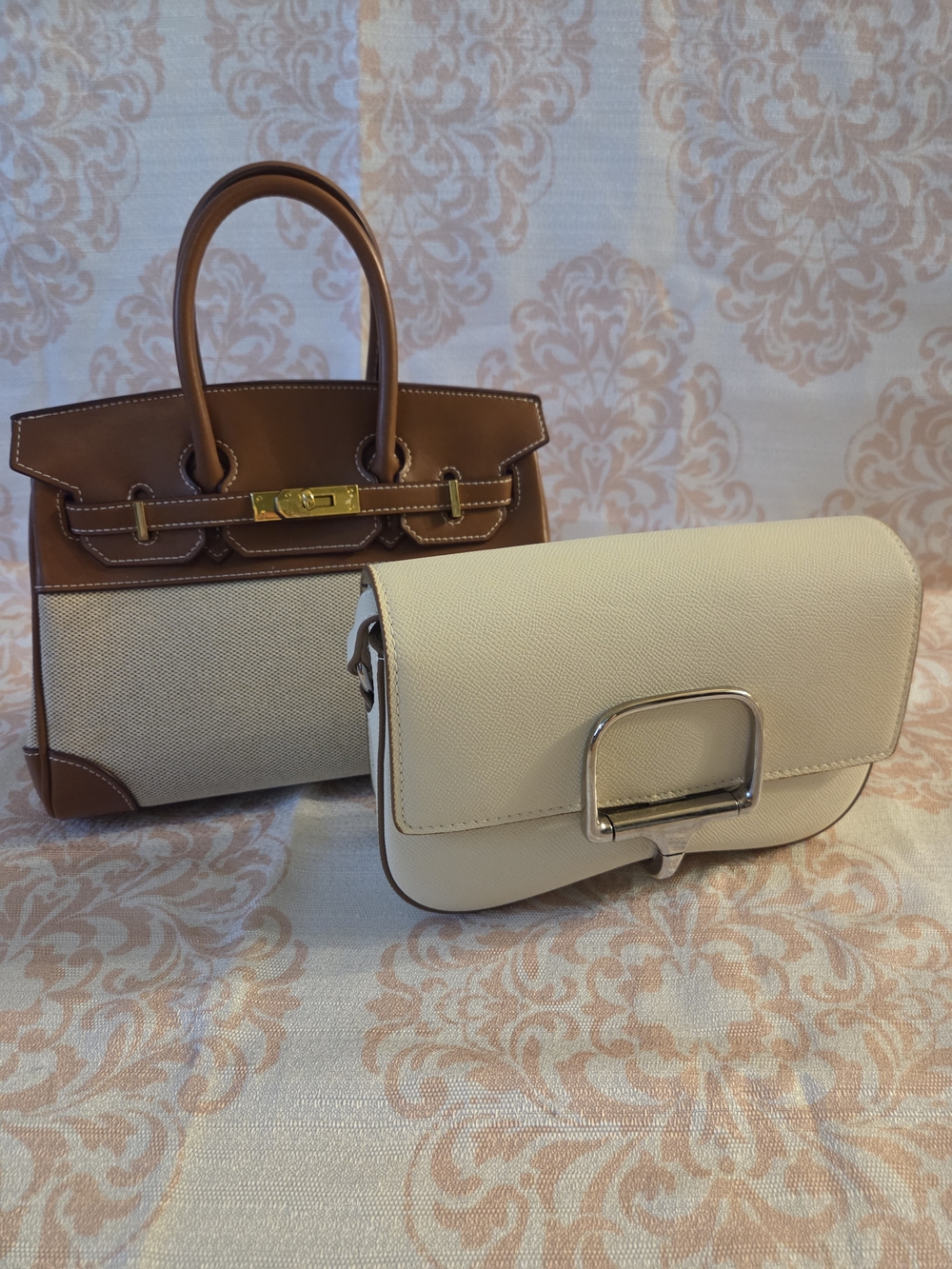 2 Trendy High End Quality Leather Canvas Twist Lock Structured Designer Handbags